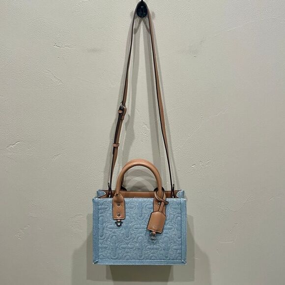 NWT True Religion Quilted Denim Horseshoe Satchel Crossbody Bag Light Blue - Picture 10 of 11